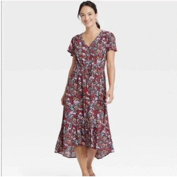 Knox Rose Red Blue Floral Tiered Peasant Boho Long Short Sleeve Maxi Dress XXL - Picture 1 of 13